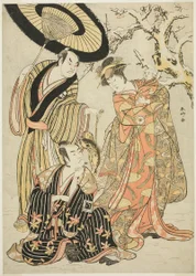 Los actores Iwai Hanshirô IV, Ichikawa Monnosuke II y Sakata Hangorô III, en "Copos de nieve: Elevando el listón en Izu" ("Mutsu no Hana Izu no Hataage")