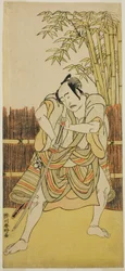 El actor Bando Mitsugoro I como Ogata no Saburo disfrazado de Yoroya Takiemon en la obra Mure Takamatsu Yuki no Shirahata, representada en el Teatro Ichimura en el undécimo mes de 1780.