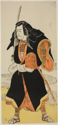 El actor Ichikawa Danjuro V, probablemente como Ise no Saburo disfrazado de Sanjo Uemon, jefe de una banda de ladrones, en la segunda parte de la obra Fude-hajime Kanjincho (Primera caligrafía del Año Nuevo: Kanjincho [La lista de suscripción])