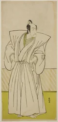 El actor Ichikawa Danjuro V como Enya Hangan () en la obra Kanadehon Chushin Nagori no Kura (), representada en el Teatro Nakamura () en el noveno mes de 1780 ()