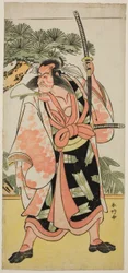 El actor Ichikawa Danjuro V como Kajiwara Genta Kagesue en la obra Yuki Nazuna Saiwai Soga, representada en el Teatro Kiri en el primer mes de 1787.