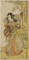 El actor Ichikawa Danjuro V como Kazusa no Akushichibyoe Kagekiyo disfrazado de músico de la corte ciego (Kengyo) en la obra Edo Meisho Midori Soga, representada en el Teatro Morita en el cuarto mes de 1779.