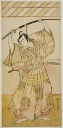 El actor Ichikawa Danjuro V como Taira no Munekiyo () de la obra Kitekaeru Nishiki no Wakayaka (), representada en el Teatro Nakamura () en el undécimo mes de 1780 ()