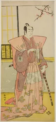 El actor Ichikawa Omezo I como Koyurugi Motomenosuke () en la obra Haru no Nishiki Date-zome Soga (), representada en el Teatro Nakamura () en el primer mes de 1790 ()