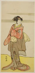 El actor Iwai Hanshiro IV como Hitomaru disfrazado de la geisha Oshun en la obra Edo no Hana Mimasu Soga, representada en el Teatro Nakamura en el tercer mes de 1783.