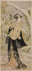 El actor Iwai Hanshiro IV como Lady Yaehata en la obra Sanga no Sho Haru no Hanayome, representada en el Teatro Kiri en el undécimo mes de 1787.