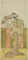 El actor Iwai Hanshiro IV como Umegae disfrazado de la adivina Omatsu en la obra Mukashi Otoko Yuki no Hinagata, representada en el Teatro Ichimura en el undécimo mes de 1781.