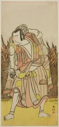 El actor Nakamura Nakazo I como Hachiman Taro Yoshiie () en la obra Oshu Adachi ga Hara (), representada en el Teatro Nakamura () en el cuarto mes de 1775 ()