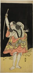 El actor Nakamura Nakazo I como Ippei () en la obra Koi Nyobo Somewake Tazuna (), representada en el Teatro Ichimura () en el octavo mes de 1778 ()