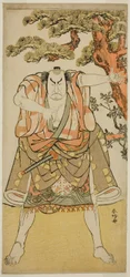 El actor Nakamura Nakazo I como Yakko Nakahei disfrazado de Miura Arajiro () de la obra Ise Heishi Eigo no Koyomi (), representada en el Teatro Ichimura () en el undécimo mes de 1782 ()