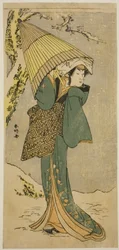 El actor Nakamura Riko I como Kiyotaki en la obra Oakinai Hiru ga Kojima, representada en el Teatro Nakamura en el undécimo mes de 1784.