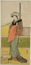 El actor Nakamura Riko I como Moshio () en la obra Honda Yayoi Meoto Junrei (), representada en el Teatro Ichimura () en el séptimo mes de 1778 ()