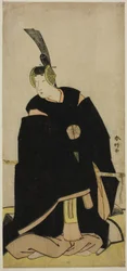 El actor Nakamura Tomijuro I como Taira no Masakado disfrazado de Otomo no Kuronushi () o Sugawara Micihizane () en la obra Shida Yuzuriha Horai Soga () o Sugawara Denju Tenarai Kagami (), representada en el Teatro Morita () en la Primera o Quinta Mont.