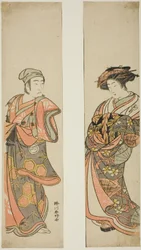 El actor Nakamura Tomijuro I como cortesano (derecha) y Sawamura Sojuro III como Oyamada Taro () disfrazado de Tarosaku de la aldea de Oyamada (izquierda) en la obra "Azuma no Mori Sakae Kusunoki", representada en el Teatro Ichimura en el undécimo mes de 1