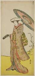 El actor Nakayama Kojuro VI como Chinzei Hachiro Tametomo disfrazado de Lady Hotoke (Hotoke Gozen) en la obra Yukimotsu Take Furisode Genji, representada en el Teatro Nakamura en el undécimo mes de 1785.