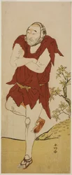 El actor Onoe Matsusuke I como monje mendicante (Gannin Bozu) en la obra Keisei Ide no Yamabuki, representada en el Teatro Nakamura en el quinto mes de 1787.