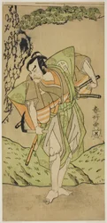 El actor Otani Hiroemon III como Osada no Zenjo Kagemune en la obra Izu-goyomi Shibai no Ganjitsu (Primer día de representación del calendario de Izu), representada en el Teatro Morita desde el primer día del undécimo mes de 1772.