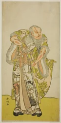 El actor Sakata Hangoro II como Hige no Ikyu en la obra Shida Yakata Yotsugi no Hikibune, representada en el Teatro Ichimura en el quinto mes de 1782.