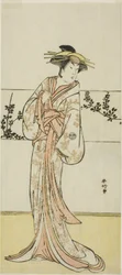 El actor Segawa Kikunojo III, posiblemente como la cortesana Kojoro de Hakata, en la obra Chiyo no Hajime Ondo no Seto (Comienzos de la eternidad: El estrecho de Ondo en el mar interior de Seto) (), representada en el Teatro Kiri desde el vigésimo séptimo 