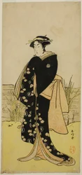 El actor Segawa Kikunojo III como Oshichi en la obra Junshoku Edo Murasaki, representada en el Teatro Ichimura en el primer mes de 1779.