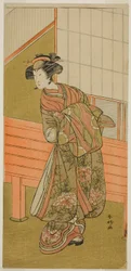 El actor Segawa Kikunojo III como la cortesana Takamura de Onoteruya () en la obra Sugata no Hana Yuki no Kuromushi (), representada en el Teatro Ichimura () en el undécimo mes de 1776 ()