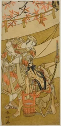 Los actores Ichikawa Raizo II como Kojiro Masahira (derecha) e Ichikawa Danzo IV como Doi no Yataro (izquierda), en la obra Kaomise Ama no Iwato, representada en el Teatro Nakamura en el undécimo mes de 1774.