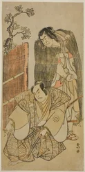 Los actores Nakamura Nakazo I como Kagekiyo vestido de mendigo (derecha), y Otani Hiroji III como Onio Shinzaemon (izquierda), en la obra Kotobuki Banzei Soga, representada en el Teatro Ichimura en el tercer mes de 1783.