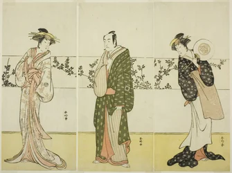 Los actores Osagawa Tsuneyo II (derecha), Ichikawa Monnosuke II (centro) y Segawa Kikunojo III (izquierda), posiblemente como Misao Gozen, Matsuya Soshichi y la cortesana Kojoro de Hakata, en la obra Chiyo no Hajime Ondo no Seto (Comienzos de la eternidad: