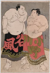 Retratos de cuerpo entero de los luchadores Onogawa Kisaburo, a la derecha, y Tanizake Kajinosuke, a la izquierda