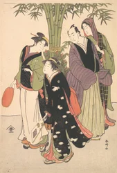 Actores de Kabuki Segawa Kikunojo III e Ichikawa Monnosuke II y dos cortesanas celebrando..., ca. 1790s