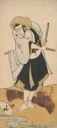 El primer Nakamura Nakazō como samurái rōnin ataviado con un kimono negro, ca. 1784-88.