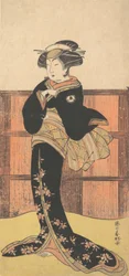 El cuarto Iwai Hanshiro como mujer con un kimono negro, ca. 1778