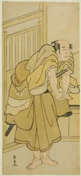 El actor Asao Tamejuro I como el borracho Gotobei en la obra Yoshitsune Koshigoe Jo, representada en el Teatro Ichimura en el noveno mes, 1790