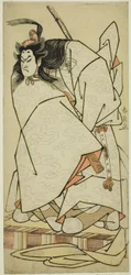 El actor Onoe Matsusuke I como Ashikaga Takauji en la obra Kumoi no Hana Yoshino no Wakamusha, representada en el Teatro Nakamura en el undécimo mes de 1786