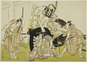 Los actores Nakajima Mihoemon II como Fujiwara no Shihei, Ichikawa Ebizô III como Matsuo-maru, Ichikawa Yaozô II como Sakura-maru, e Ichimura Uzaemon IX como Umeo-maru en "Los secretos de la caligrafía de Sugawara" ("Sugawara denju tenarai kagami").