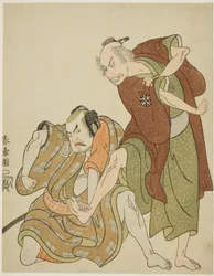 Actores interpretando los papeles de Giheiji y su yerno, Danshichi Kurobei
