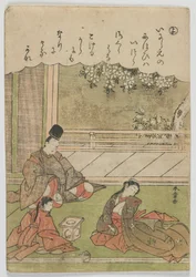 Cuadros de brocado a la moda de los cuentos de Ise: yo, Un hombre se encuentra con una antigua novia, que ahora sirve en una casa de provincia, periodo Edo, c.1772-73 (impresión xilográfica en color)