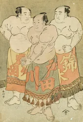 Retratos de cuerpo entero de los luchadores Nishikigi, Todagawa e Iwagaseki presentándose en el cuadrilátero (xilografía en color)