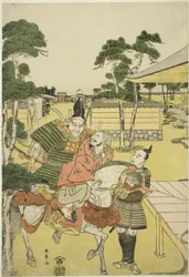 Musashibo Benkei lleva al capturado Tosabo Shoshun a Yoshitsune en la obra Horikawa Youchi no Zu Uki-e Nimaitsuzuki