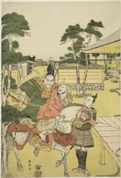 Musashibo Benkei lleva al capturado Tosabo Shoshun a Yoshitsune en la obra Horikawa Youchi no Zu Uki-e Nimaitsuzuki, c.1782 (xilografía en color; oban)