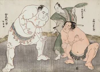 Onagawa Kisaburo y Tanikaze Kajinosuke interpretando el Shiriki en el Dohyo, con el arbitraje de Kimura Shonosuke (xilografía en color)