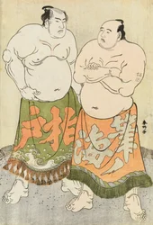 Retratos de los luchadores Fudenoumi y Kashiwado (xilografía en color)