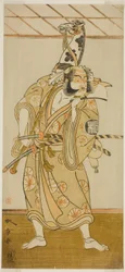 El actor Arashi Sangoro II como Asahina Saburo en la obra Iro Maki-e Soga no Sakazuki, representada en el Teatro Morita en el primer mes, 1773