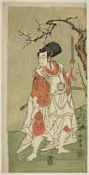 El actor Arashi Sangoro II como Sakura-maru en la obra Sugawara Denju Tenarai Kagami, representada en el Teatro Ichimura en el primer mes de 1772