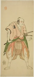 El actor Bando Sampachi I como Yawata no Saburo (?) en la obra Shuen Soga Omugaeshi (?), representada en el Teatro Ichimura (?) en el segundo mes de 1768 (?)