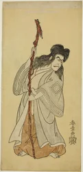 El actor Ichikawa Danjuro IV posiblemente como Tenjiku Tokubei en la obra "Tenjiku Tokubei gira el timón hacia casa," representada en el teatro Nakamura en el octavo mes, 1768