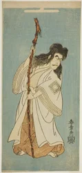 El actor Ichikawa Danjuro IV posiblemente como Tenjiku Tokubei en la obra "Tenjiku Tokubei gira el timón hacia casa (Tenjiku Tokubei Kokyo no Torikaji)", representada en el Teatro Nakamura en el octavo mes, 1768