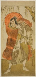 El actor Ichikawa Danjuro V como Akushichibyoe Kagekiyo disfrazado de mendigo, en la obra Tsukisenu Haru Hagoromo Soga, representada en el Teatro Ichimura en el tercer mes de 1777