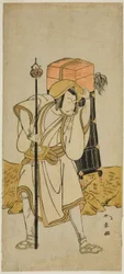 El actor Ichikawa Danjuro V como Moriya no Daijin disfrazado de Rokuju-rokubu en la obra Miya-bashira Iwao no Butai, representada en el Teatro Morita en el séptimo mes de 1773