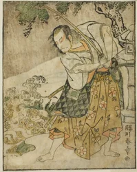 El actor Ichikawa Danjuro V como Ogata no Sabura (?) en la obra Nue no Mori Ichiyo no Mato, representada en el Teatro Nakamura en el undécimo mes de 1770